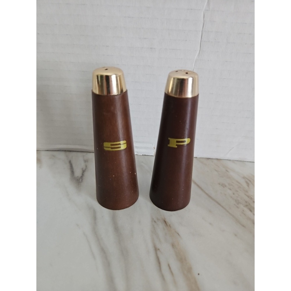MCM Pillar Wood with Gold Tone Top Salt and Pepper Shaker Set Plastic Stoppers